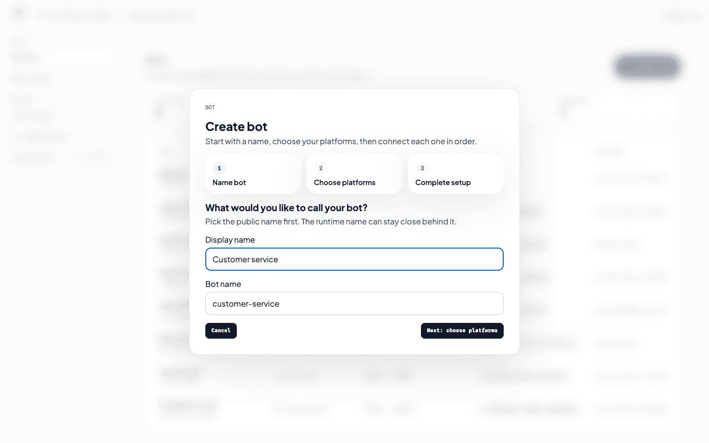 CopilotKit Intelligence create bot dialog with the Customer service bot name entered.