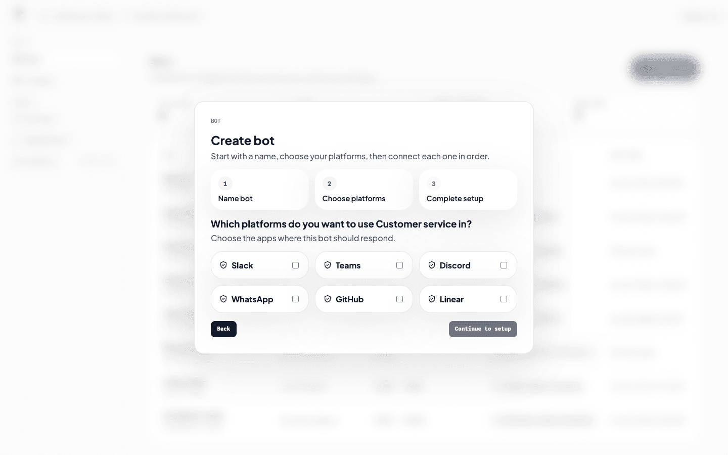 CopilotKit Intelligence platform selection step showing Slack, Teams, Discord, WhatsApp, GitHub, and Linear.