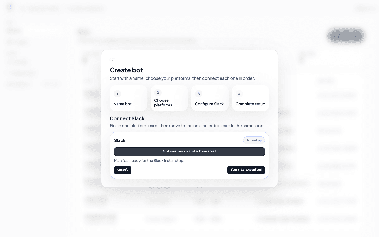 CopilotKit Intelligence Slack setup step with a customer service Slack manifest ready.