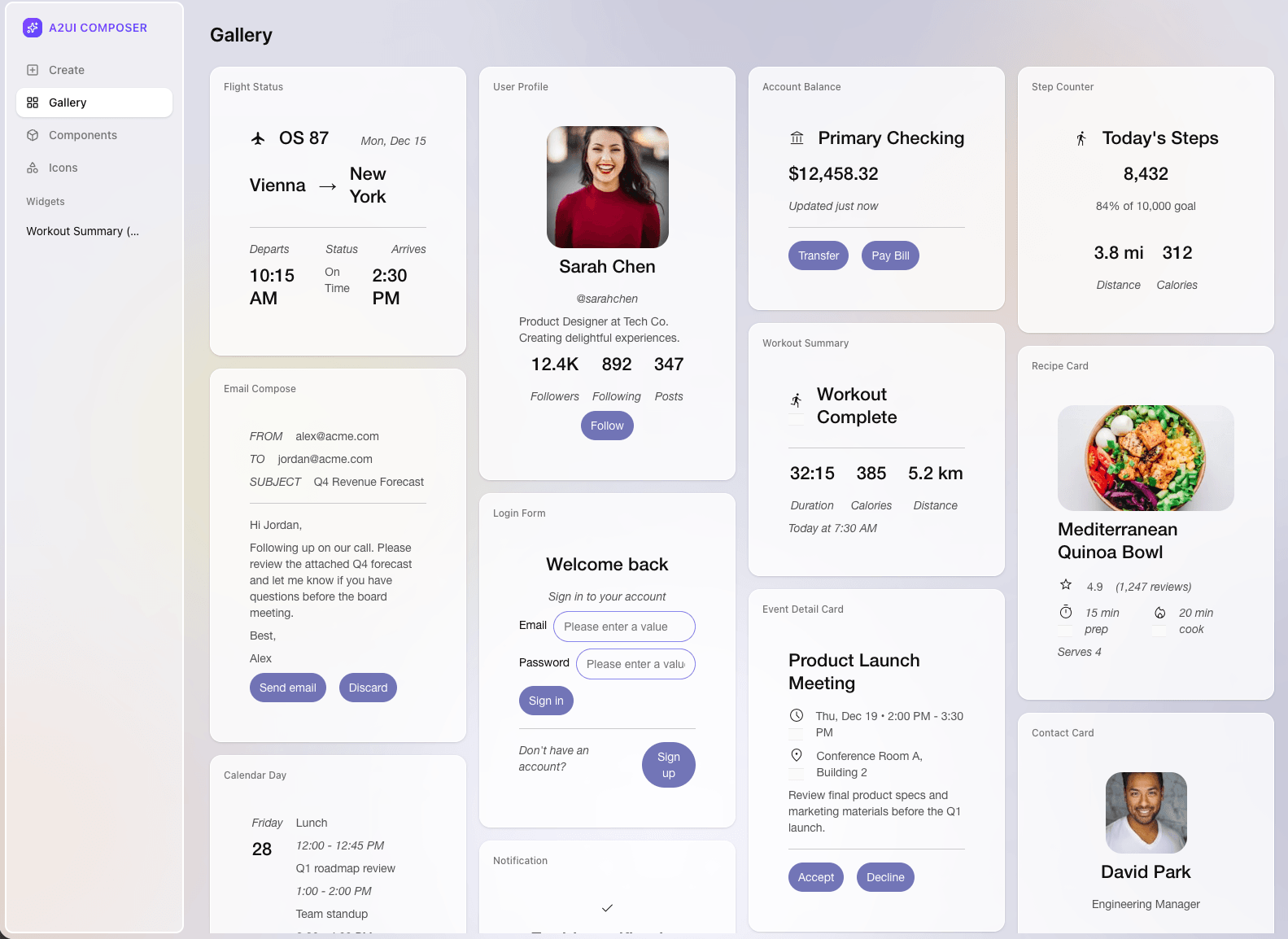 Screenshot of the A2UI Composer Gallery interface showing declarative UI components generated by agents