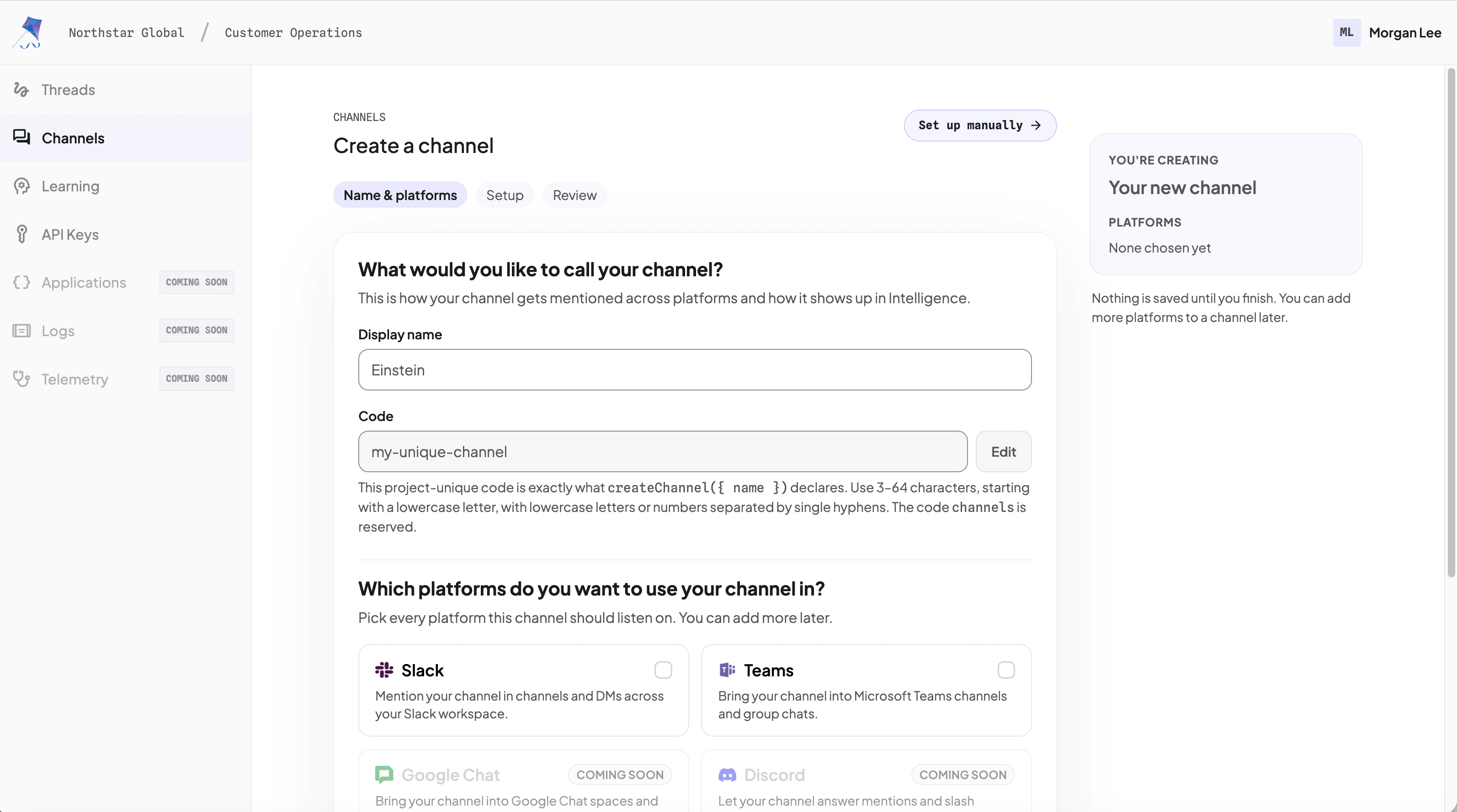 Slack and Microsoft Teams connections configured in CopilotKit Intelligence.