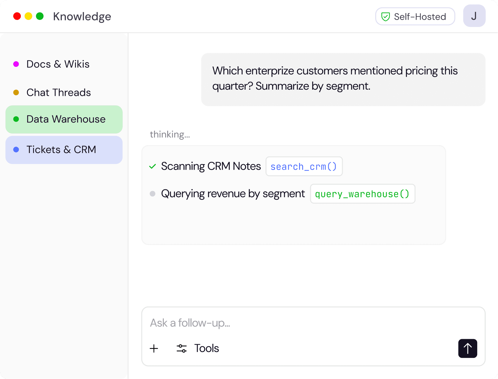 An internal knowledge-base chat app searches CRM notes and company data with citations.