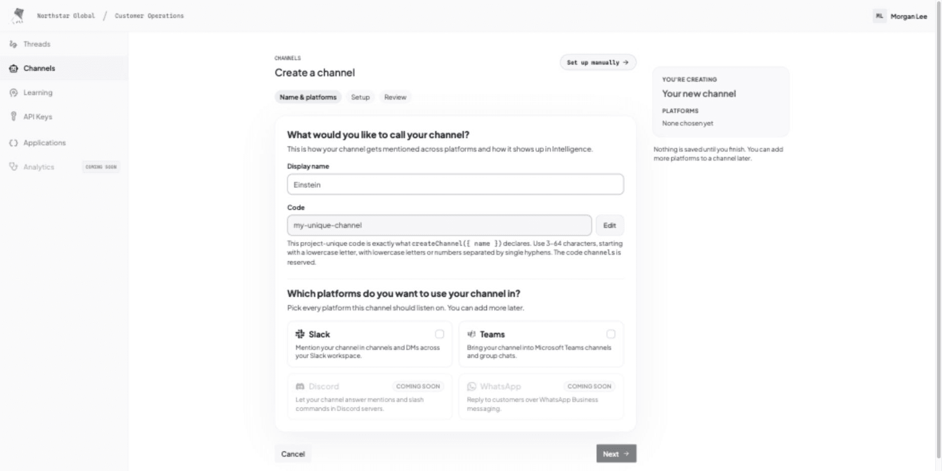 CopilotKit Enterprise Intelligence channel setup workflow.