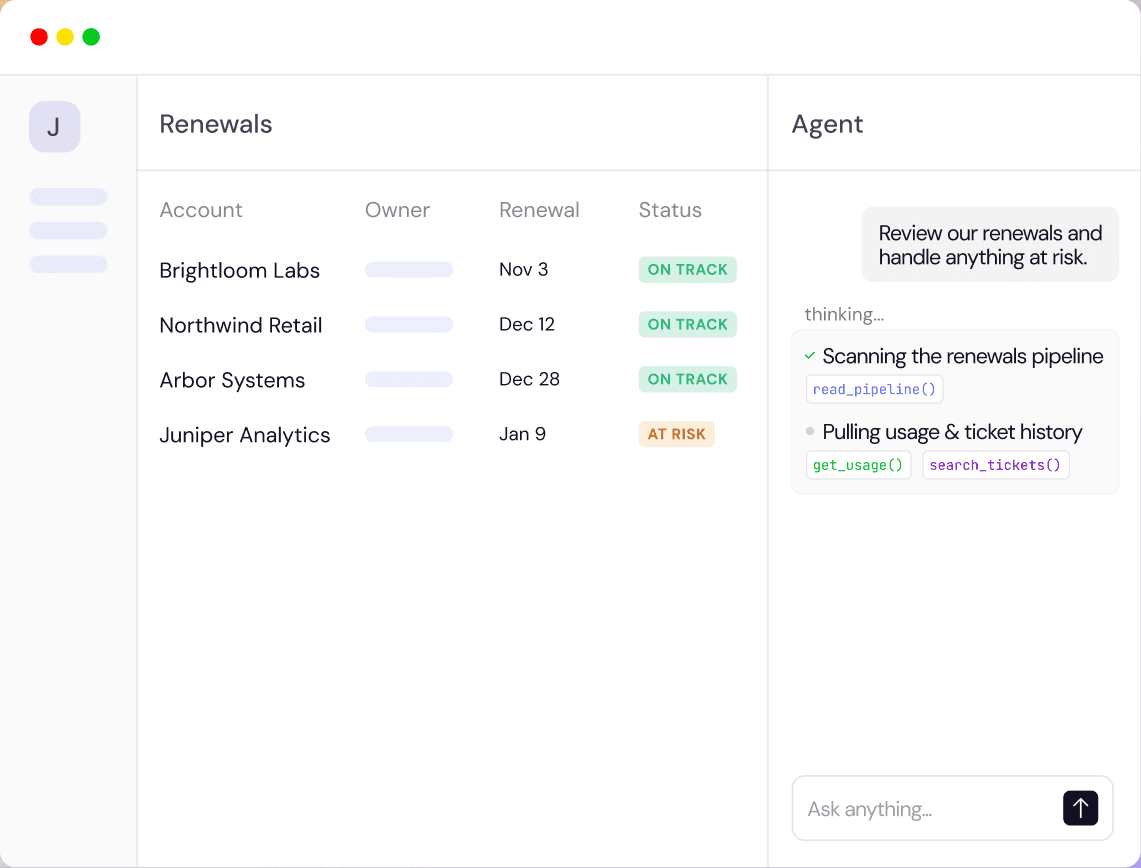 A SaaS app's renewals table beside an agent panel that reviews the pipeline and flags the renewal at risk.