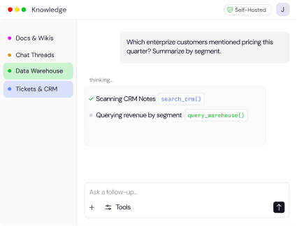 An internal knowledge-base chat app searches CRM notes and company data with citations.