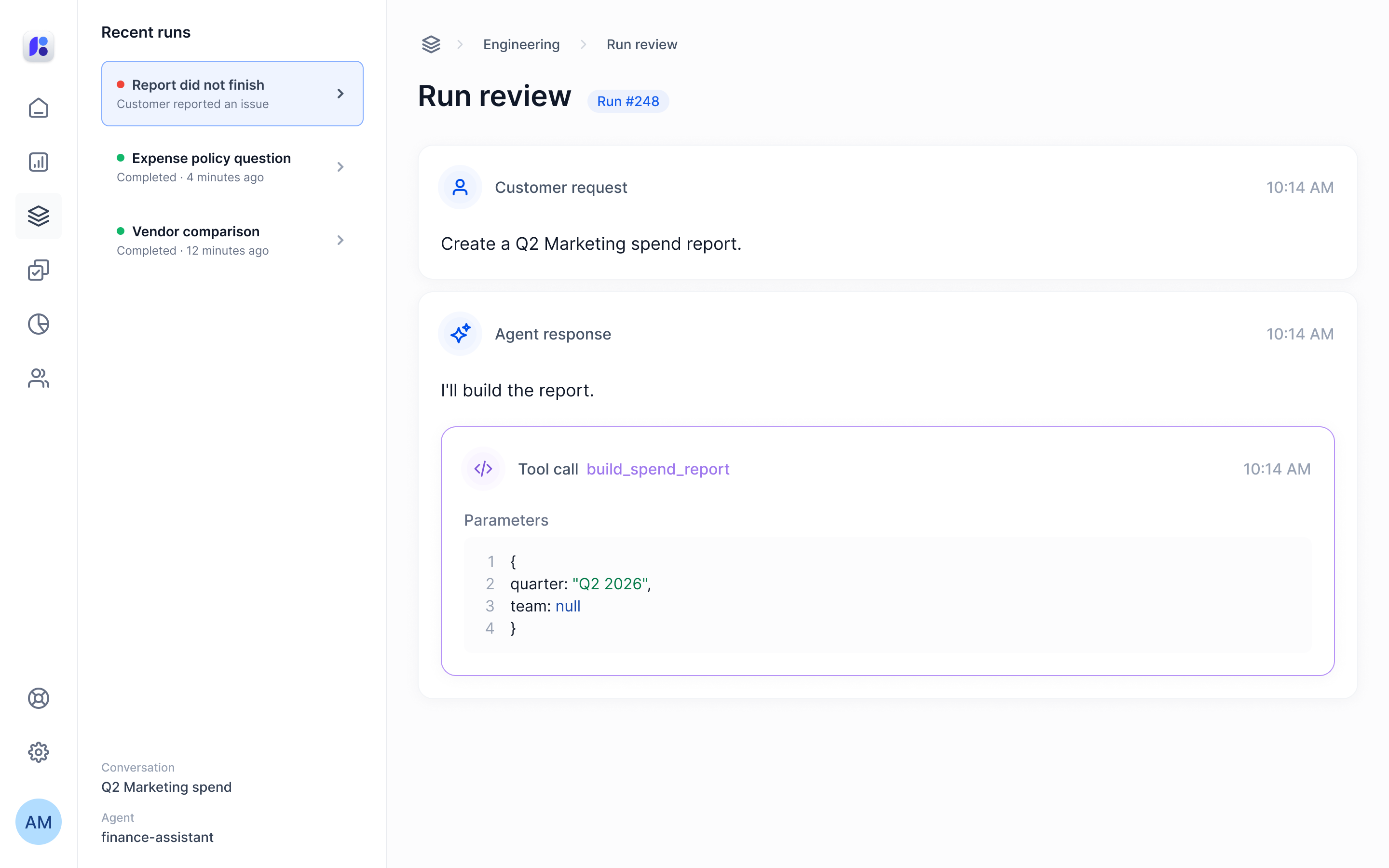 An engineer reviews a customer report request and a failed tool call whose team field is null.