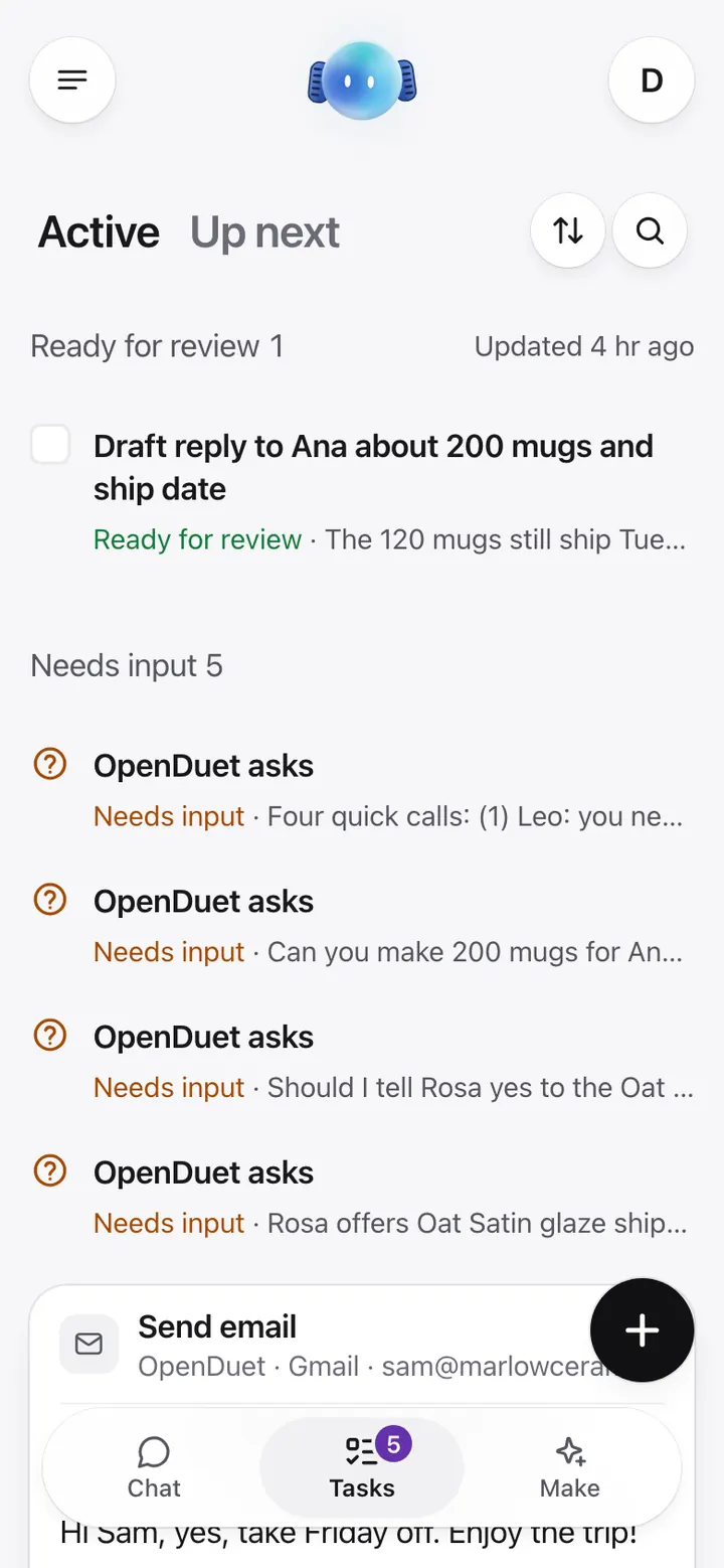Illustration: the Tasks tab, with a draft ready for review and questions waiting for an answer, beside a task’s report of its decisions and the email it used.